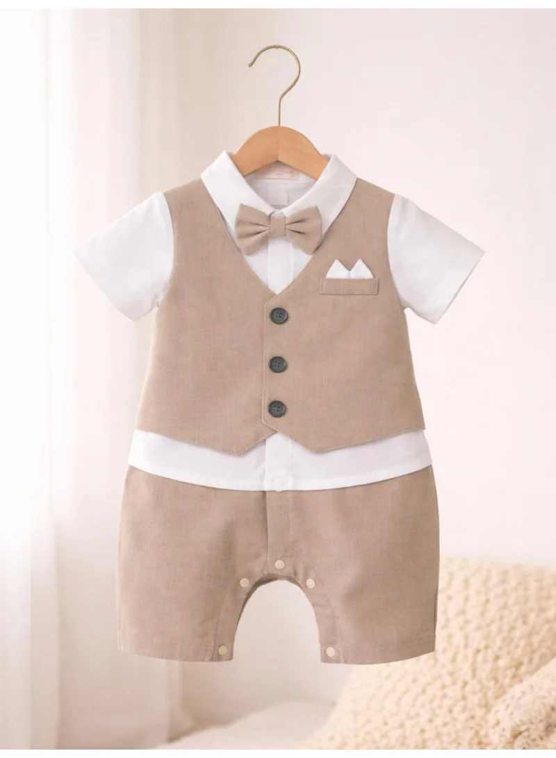 فكتور اند جين طقم رومبر قطعة قطعتين سترة وقميص وربطة عنق للأطفال الرضع بيج